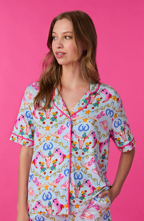 A lady wearing Aspen Knit Pj Set In Western Charm print