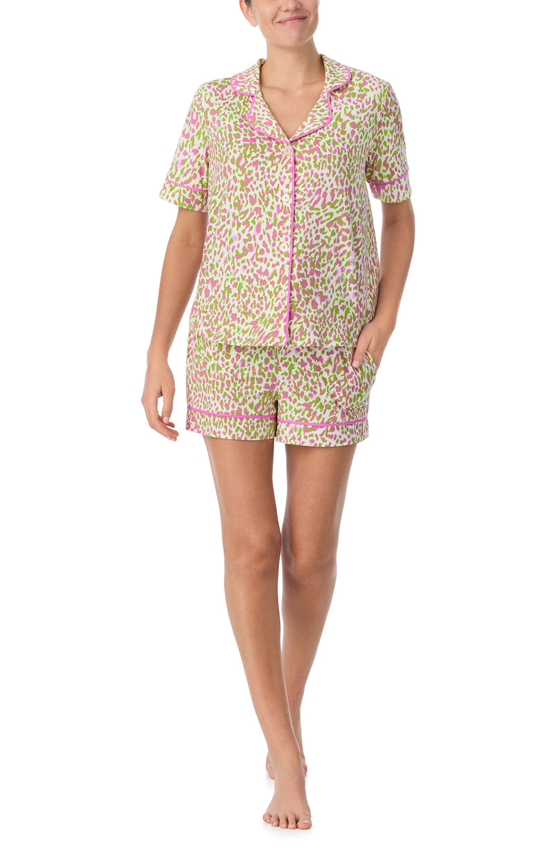 A lady wearing Arizona Short Pj Set In Cheeky Cheetah