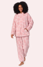 A lady wearing Amanda Sherpa Pj Set In Cheeky Hearts print