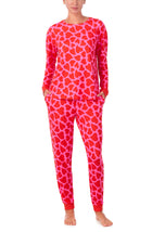 A lady wearing Lorena Knit Long Pj Set In Heartbreaker print