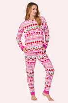 A lady wearing Lorena Knit Long Pj Set In Fa La La Fairisle print