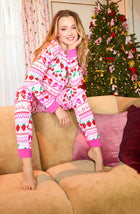 A lady wearing Lorena Knit Long Pj Set In Fa La La Fairisle print