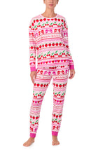 A lady wearing Lorena Knit Long Pj Set In Fa La La Fairisle print