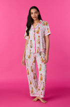 A lady wearing Vienna Knit Pj Set In Feline Floral print