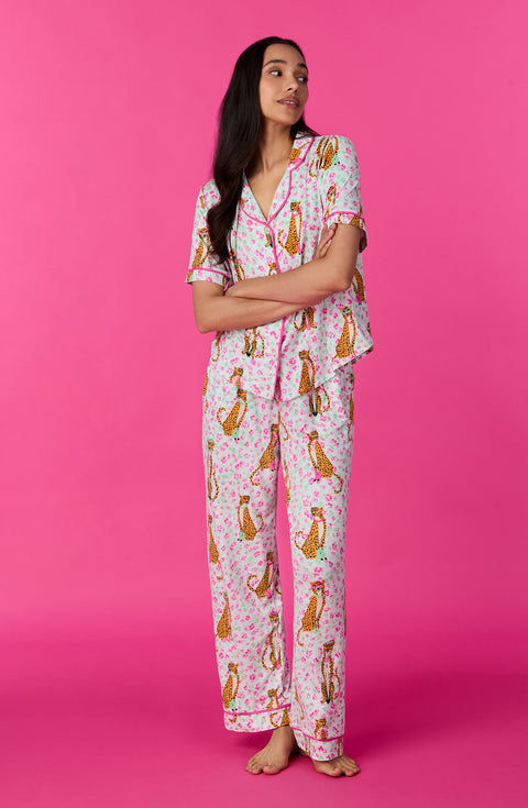 A lady wearing Vienna Knit Pj Set In Feline Floral print