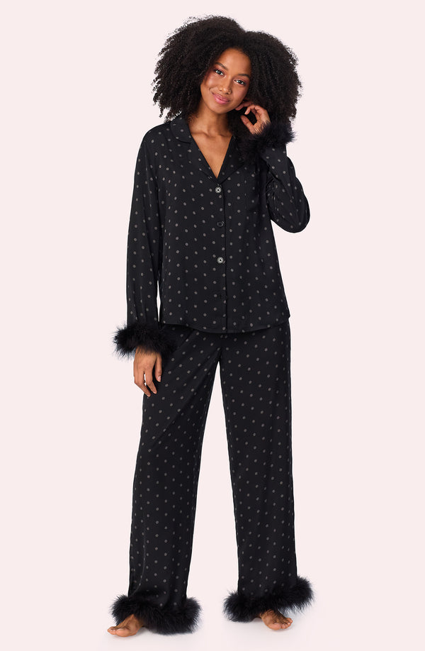 A lady wearing Ariana Woven black Pj Set In Noir Dot