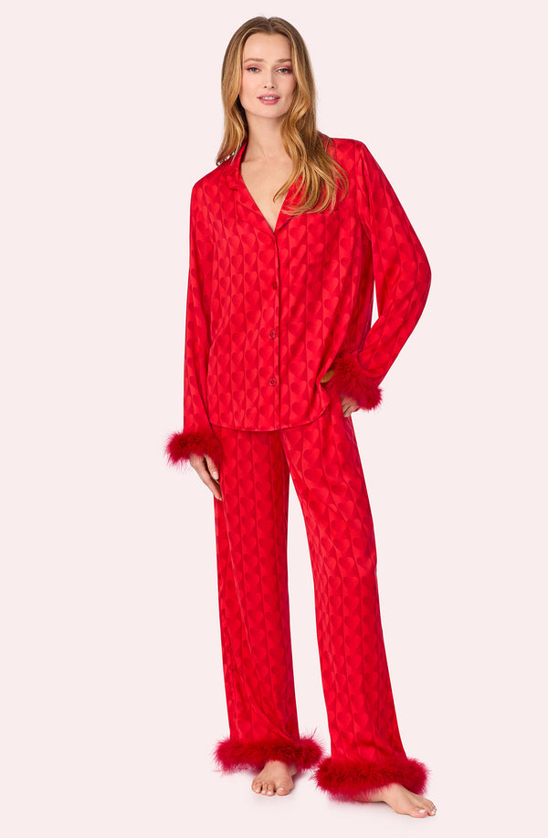 A lady wearing Ariana Woven Pj Set In Red Heart Throb