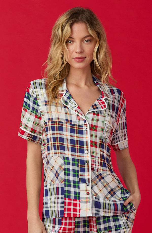 A lady wearing  short sleeve Victoria Short Pj Set with Country Plaid  print