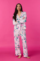 A lady wearing long sleeve Charlotte Knit Pj Set In Pink Blossoms