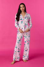 A lady wearing long sleeve Charlotte Knit Pj Set In Pink Blossoms