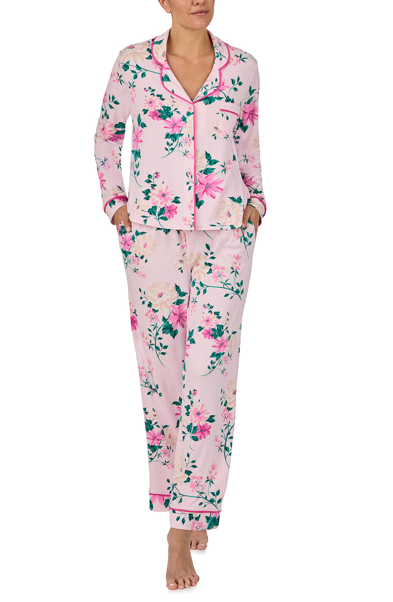 A lady wearing long sleeve Charlotte Knit Pj Set In Pink Blossoms